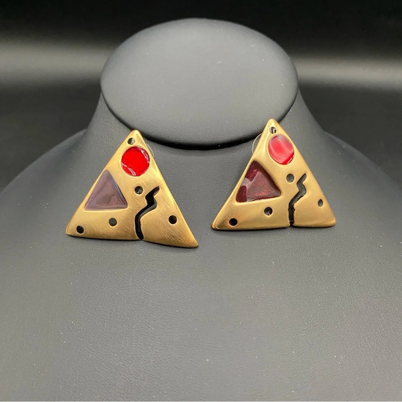 Retro 80s Glam Statement Earrings - Abstract Gold Plated Vintage Earrings - Picture 3 of 9